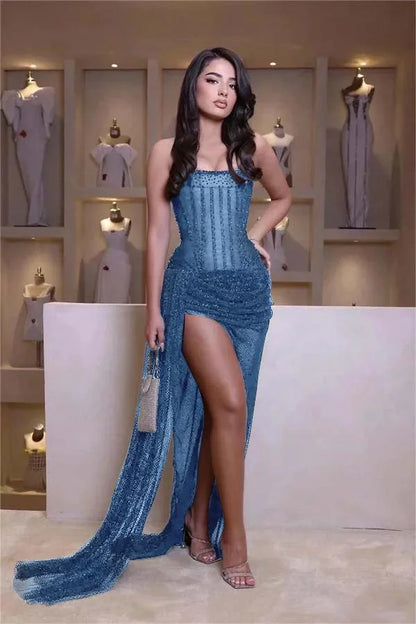 Stunning Black Tulle Strapless Sleeveless Mermaid Long Split Prom Dress with Beadings