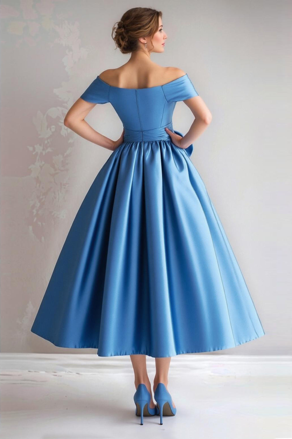 Blue Off the Shoulder A-Line Satin Tea Length Mother Of The Bride Dress with Bow