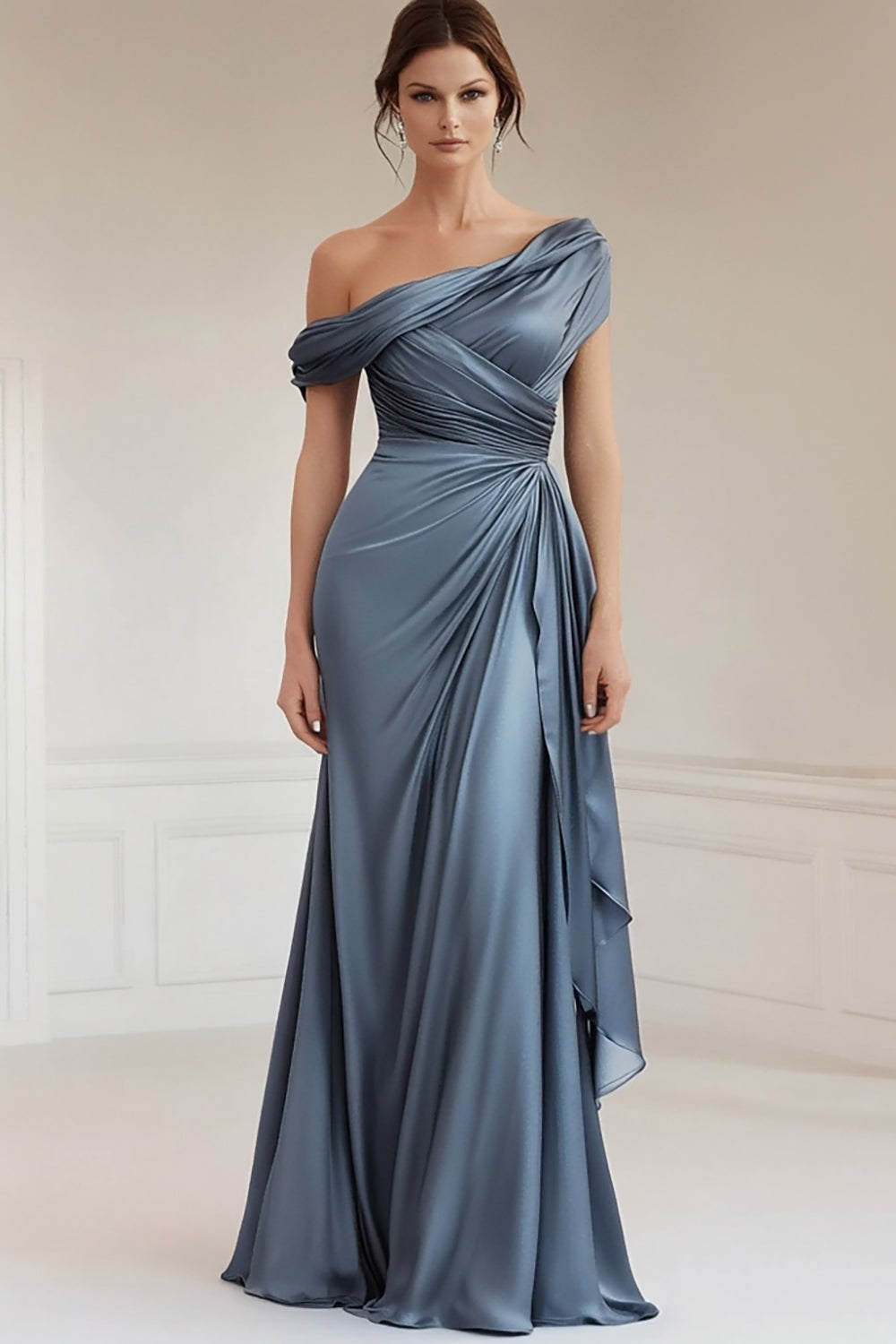 Mermaid Grey Blue One Shoulder Satin Ruched Formal Dress with Ruffles