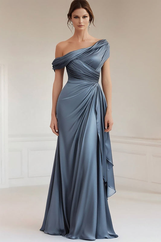 Mermaid Grey Blue One Shoulder Satin Ruched Formal Dress with Ruffles