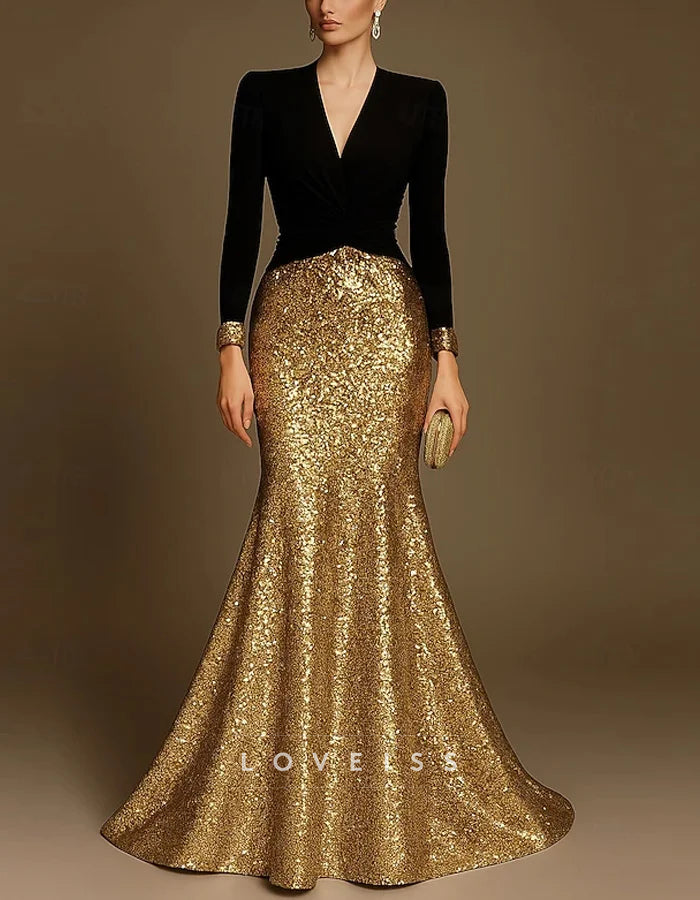 Black Mermaid V-neck Sequins Maxi Dress