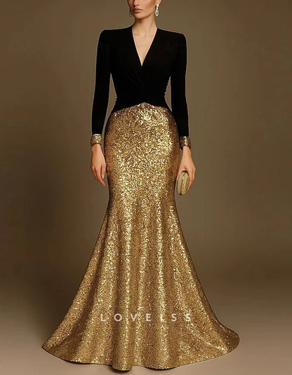 Black Mermaid V-neck Sequins Maxi Dress