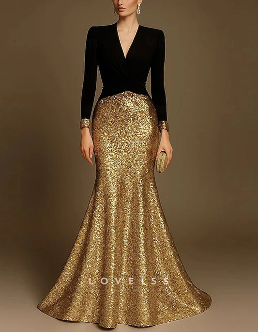 Black Mermaid V-neck Sequins Maxi Dress