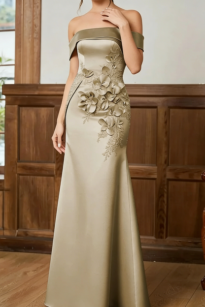 Flattering A-Line Off-the-Shoulder Long Sleeves Flower Sweep Train Silk Like Satin Corset Mother of the Bride Dress