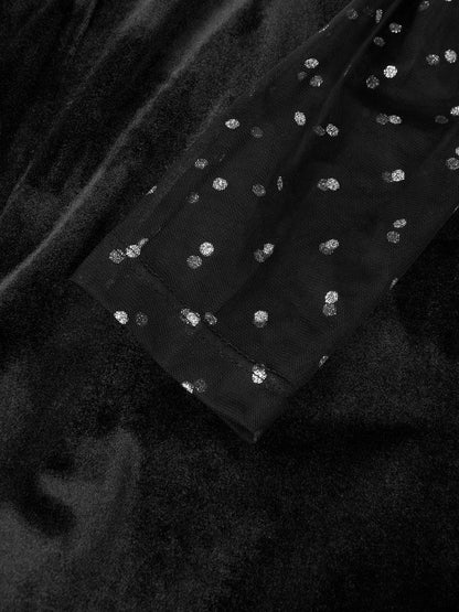 Women Velvet Black Mesh Off The Shoulder Long Sleeve Dressy Jumpsuit With Pockets