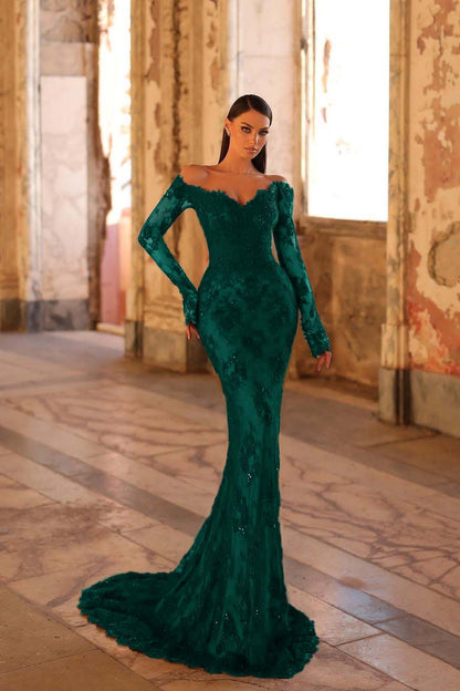 Lussooy Amazing Long Sleeves Black Lace Off the Shoulder Mermaid Prom Dress with Pleated