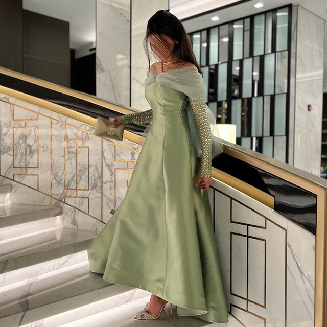 Dreamy Vow Sage Green Crystal Luxury Dubai Evening Dresses for Women Wedding Party Gold Black Long Sleeve Gala Prom Dress 362