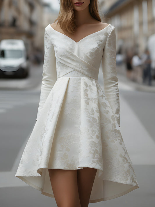 Off-Shoulder Floral Jacquard High-Low Dress