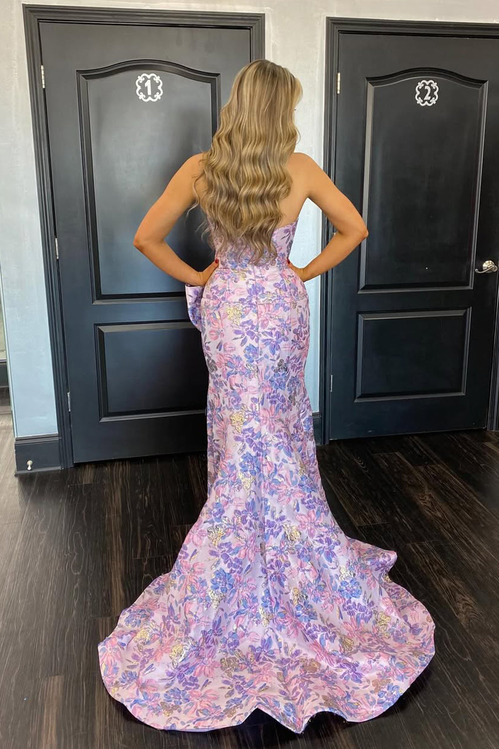 Mermaid Strapless Lavender Jacquard Satin Prom Dress with Slit