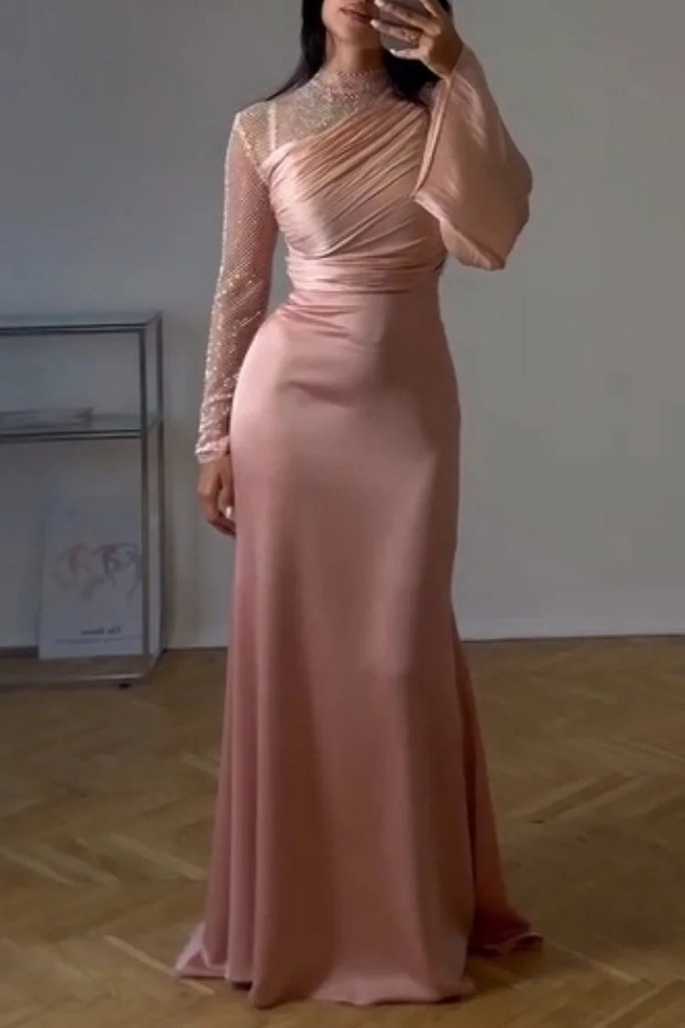 Mesh Patchwork Mock Neck Long Sleeve Ruched Party Maxi Dresses-Pink