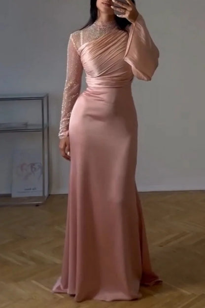 Mesh Patchwork Mock Neck Long Sleeve Ruched Party Maxi Dresses-Pink