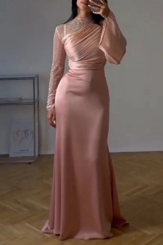 Mesh Patchwork Mock Neck Long Sleeve Ruched Party Maxi Dresses-Pink