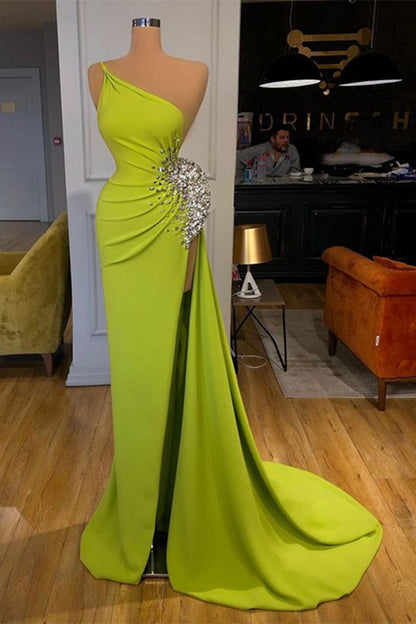 Lussooy Green Simple Satin One Shoulder Sleeveless Pleated Flower Prom Dress with Split