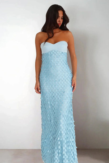 Sheath Strapless Light Blue Satin Sequins Long Prom Dresses