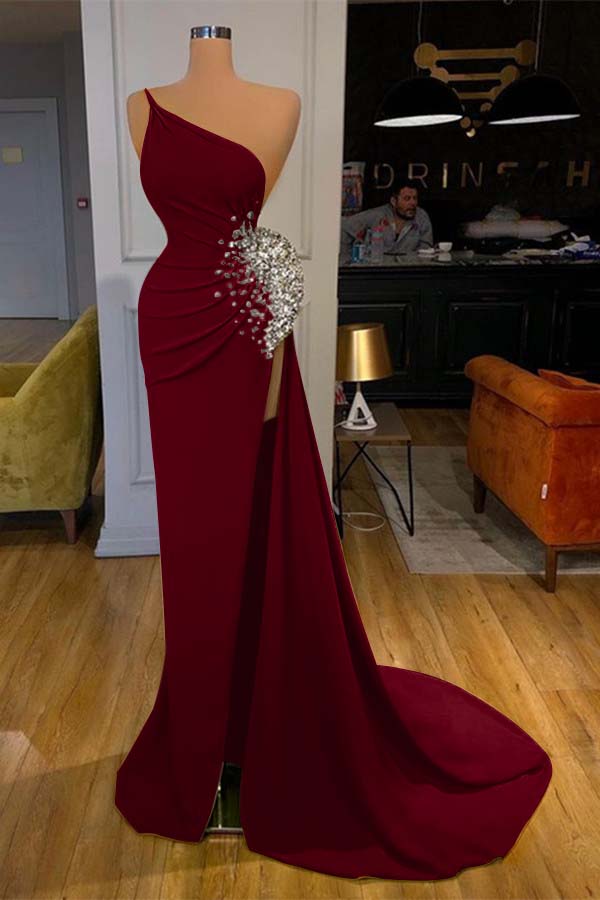 Lussooy Sweetheart Red Sleeveless Prom Dress Mermaid Beadings With Split