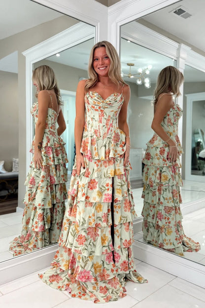 A Line Sweetheart Floral Chiffon Tiered Prom Dress with Slit