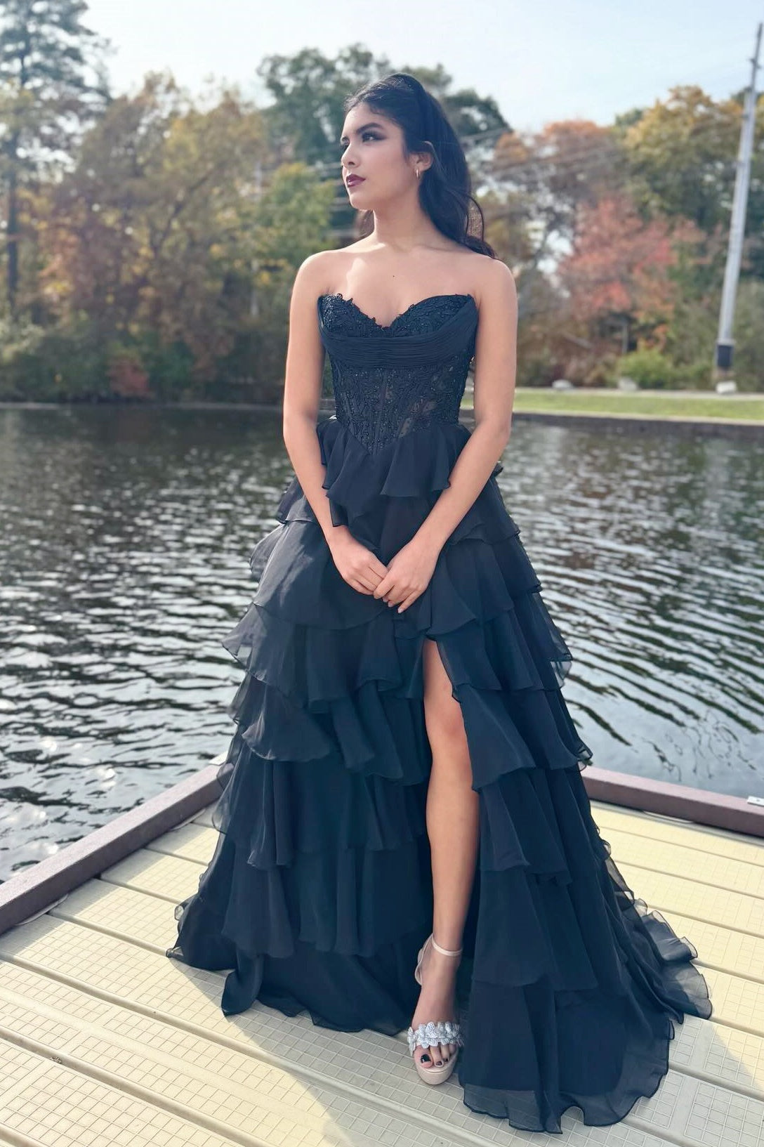 Blue Sweetheart Ruffled Long A-line Dress