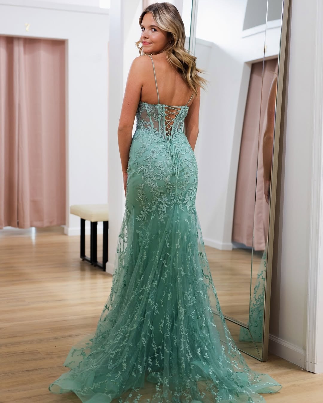 Unique Mermaid V Neck Sage Green Tulle Lace Corset Long Prom Dresses