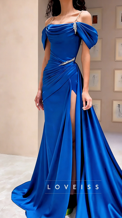 Off-Shoulder Strapless Pleated High Slit Sheath Prom Dress