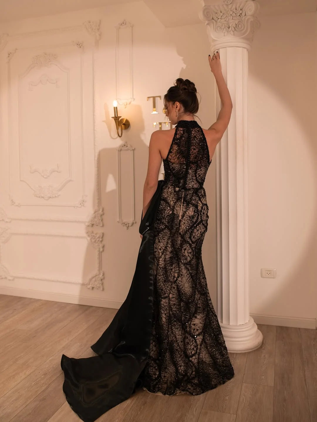 Alluring Black Halter Split Beadings Prom Dress With Side Train YK0737