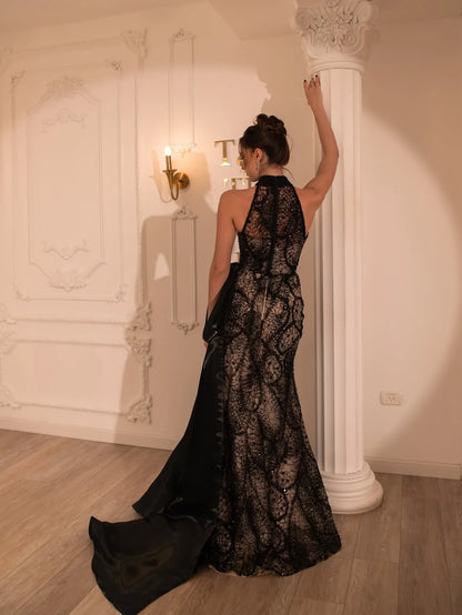 Alluring Black Halter Split Beadings Prom Dress With Side Train YK0737