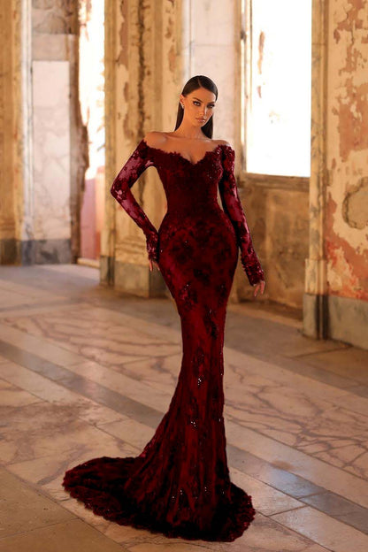 Lussooy Black Satin Off the Shoulder Amazing Long Sleeves Split Prom Dress with Feathers