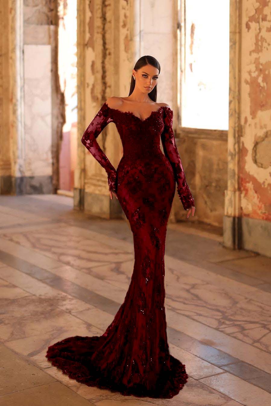 Lussooy Amazing Long Sleeves Black Lace Off the Shoulder Mermaid Prom Dress with Pleated