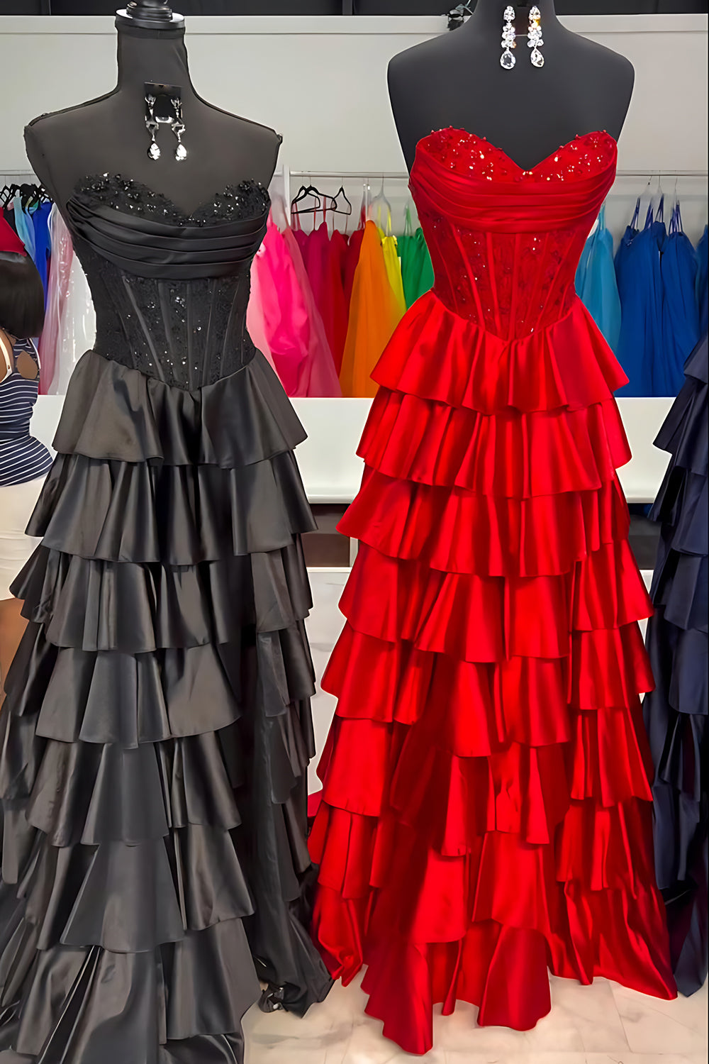 A-Line Strapless Navy Blue Ruffle Tiered Satin Long Prom Dress with Beads