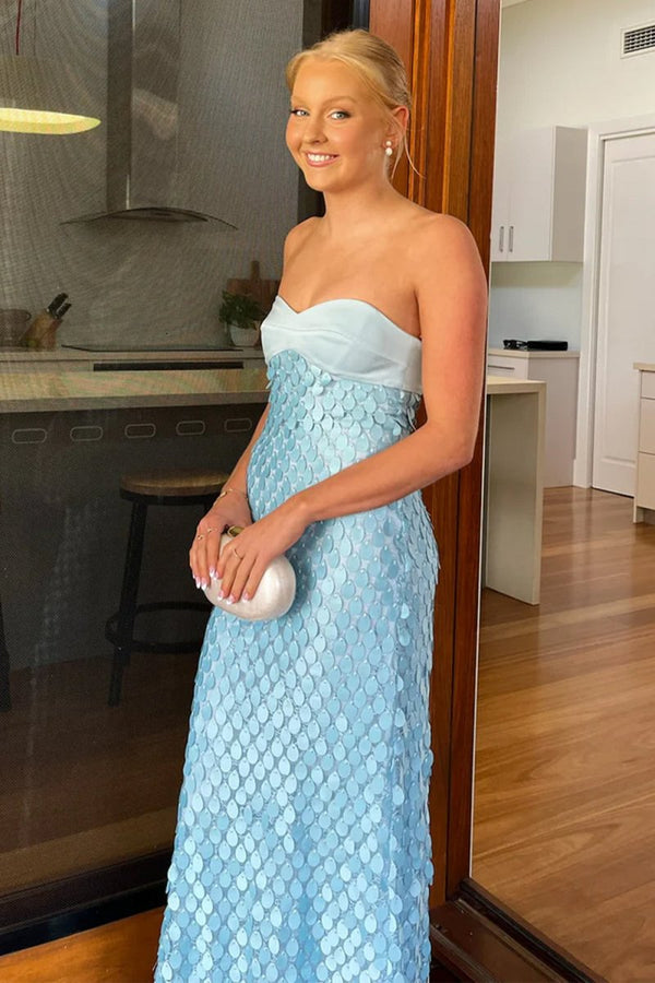 Sheath Strapless Light Blue Satin Sequins Long Prom Dresses