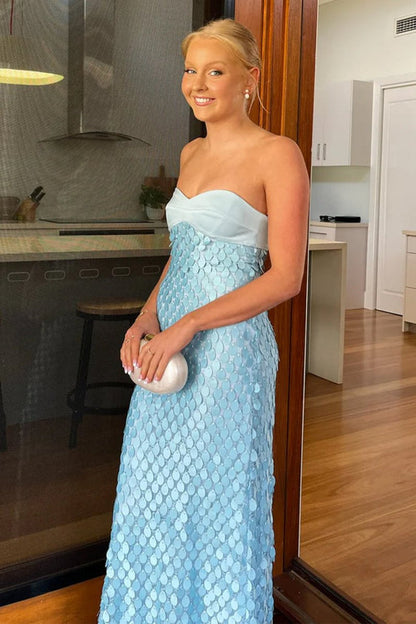 Sheath Strapless Light Blue Satin Sequins Long Prom Dresses