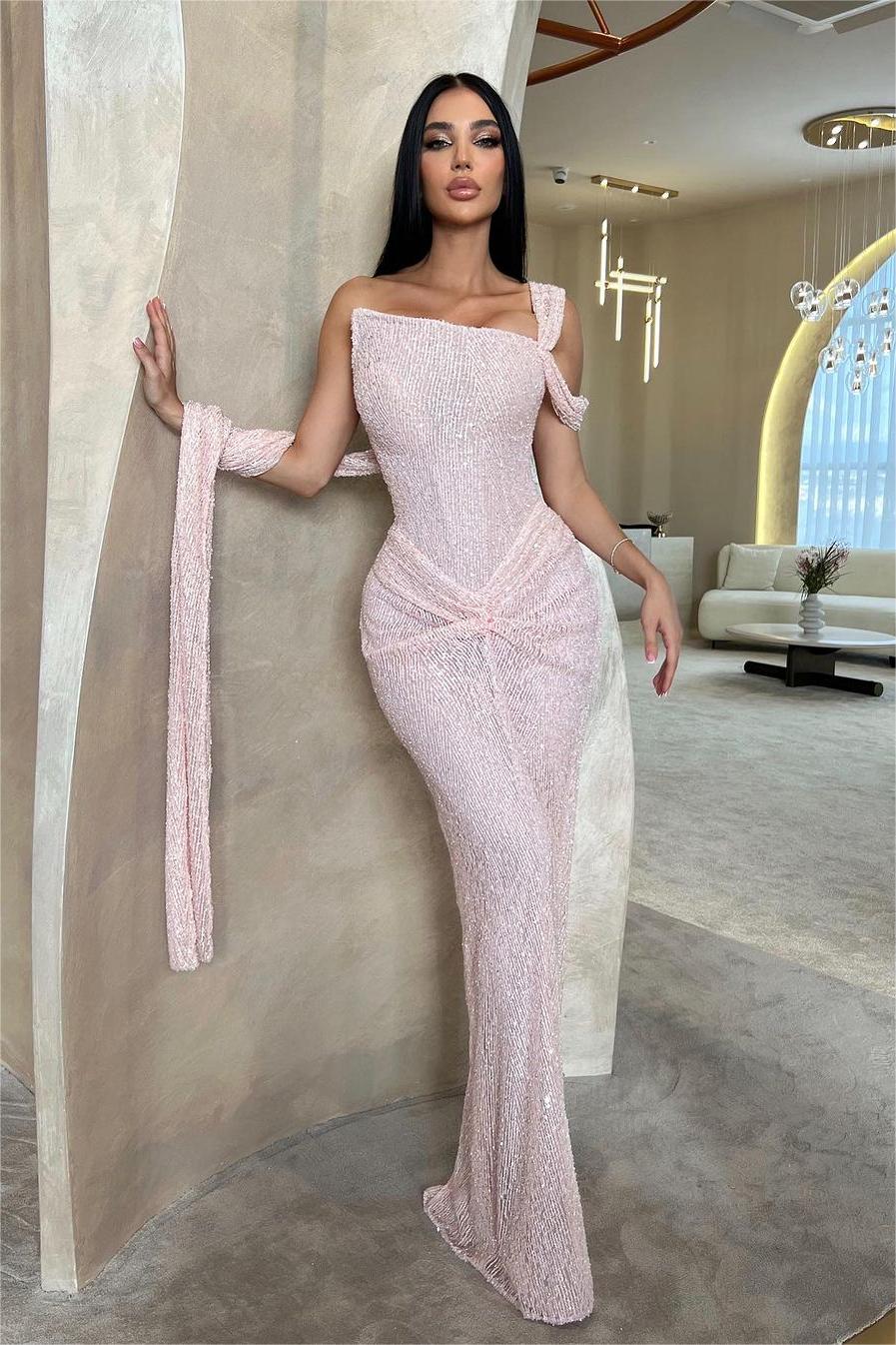 Lussooy Sage Shinning One Shoulder Sequins Sleeveless Split Prom Dress with Pleated