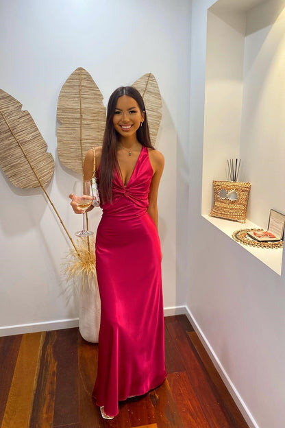 Trendy Sheath Halter Neck Purple Long Party Dress with Open Back Bowknot