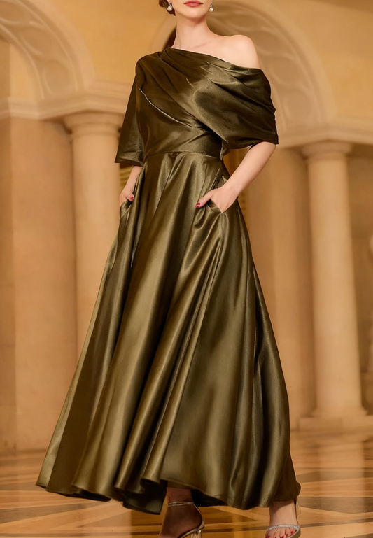 Radiant A-line Short Sleeves Pleated Ankle-Length Silk like Satin Mother of the Bride Dress
