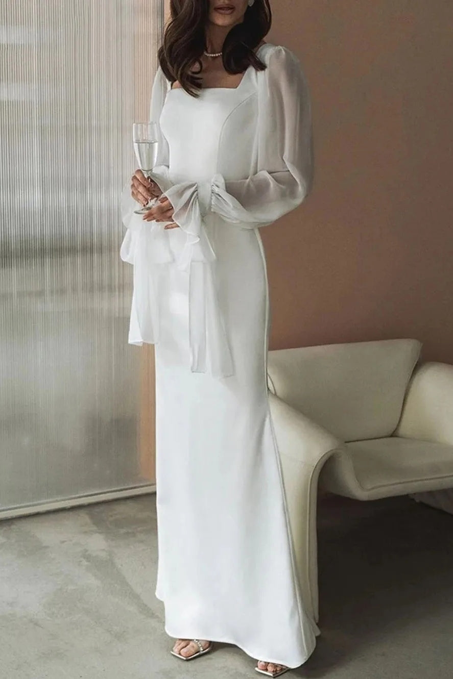 Simple Wedding Dresses Square Neck Puff Sleeves