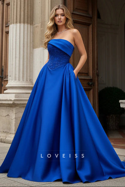 Royal Blue A-line Strapless Beaded Appliques Satin Long Prom Dress