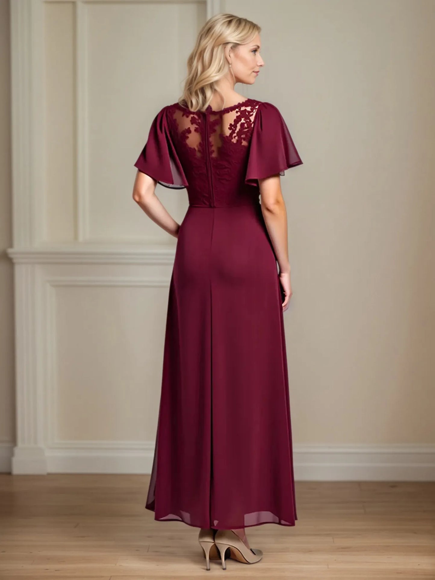 A Line Scoop Neck Short Sleeve Chiffon Mother of the Bride Dress With Leg Slit