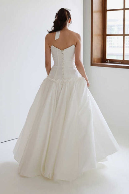 Taffeta A Line Long Wedding Dress Lace Up Back