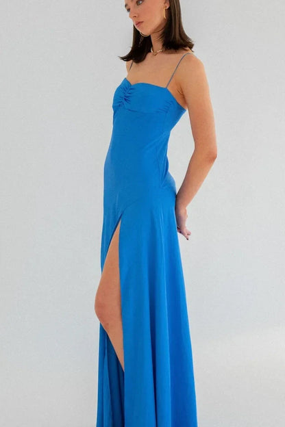 Simple Sheath Spaghetti Straps Pink Long Party Dress with Split Front