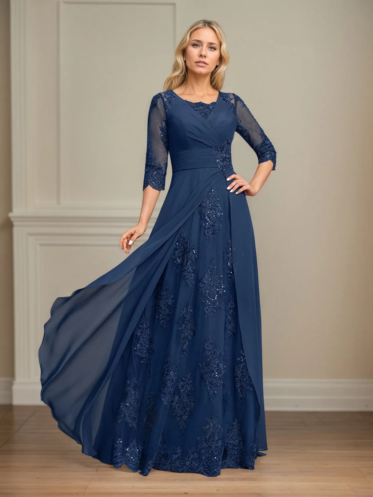A-line Square Floor-Length Lace Chiffon Mother of the Bride Dress With Pleated Sequins