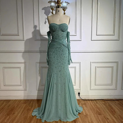 Turquoise Strapless Beaded Mermaid Evening Gown with Matching Gloves