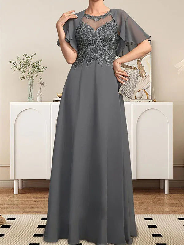 A-line Scoop Illusion Floor-Length Lace Chiffon Mother of the Bride Dress With Sequins