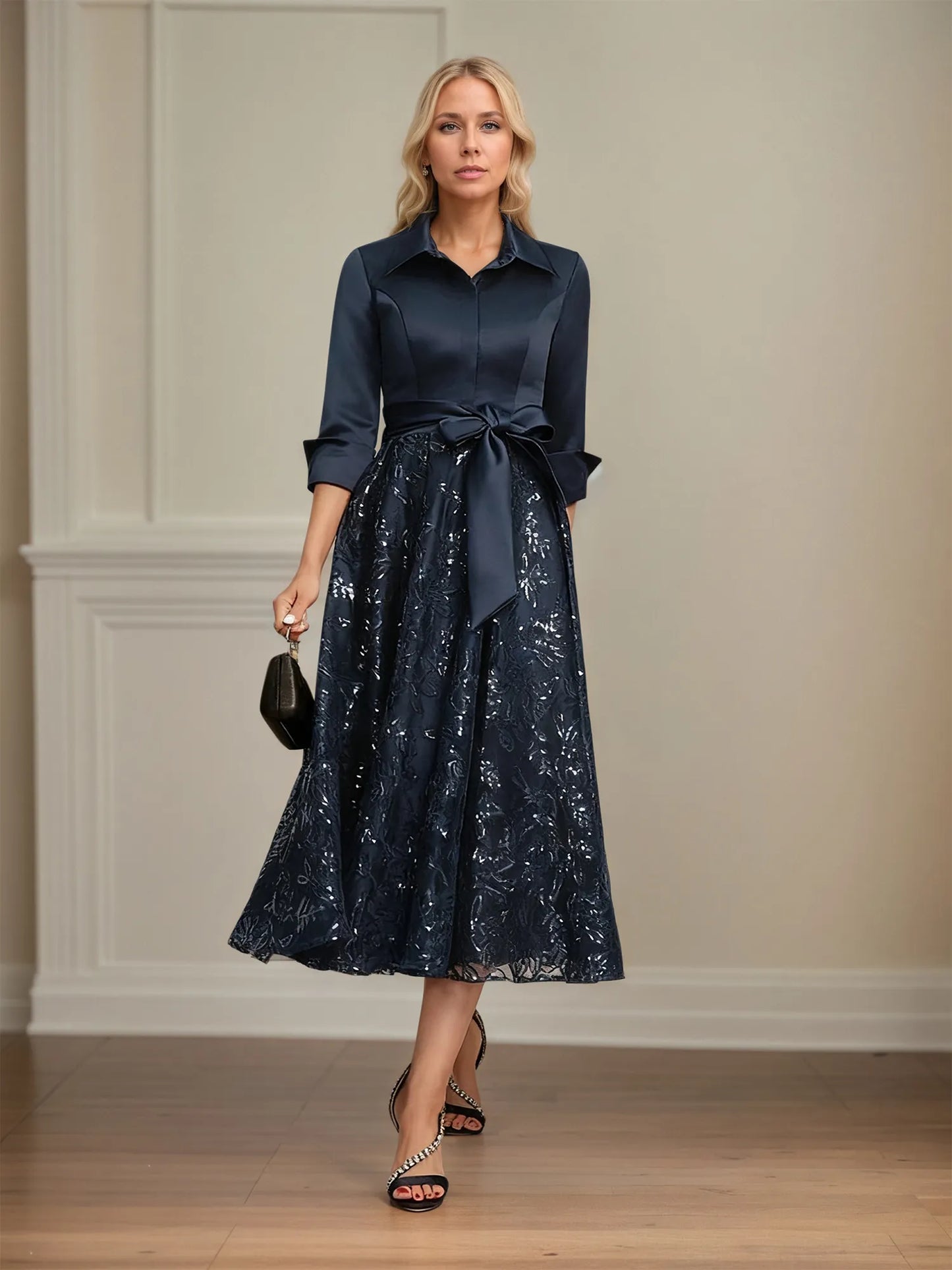 A-line Collared V-Neck Tea-Length Satin Lace Sequin Mother of the Bride Dress With Bow