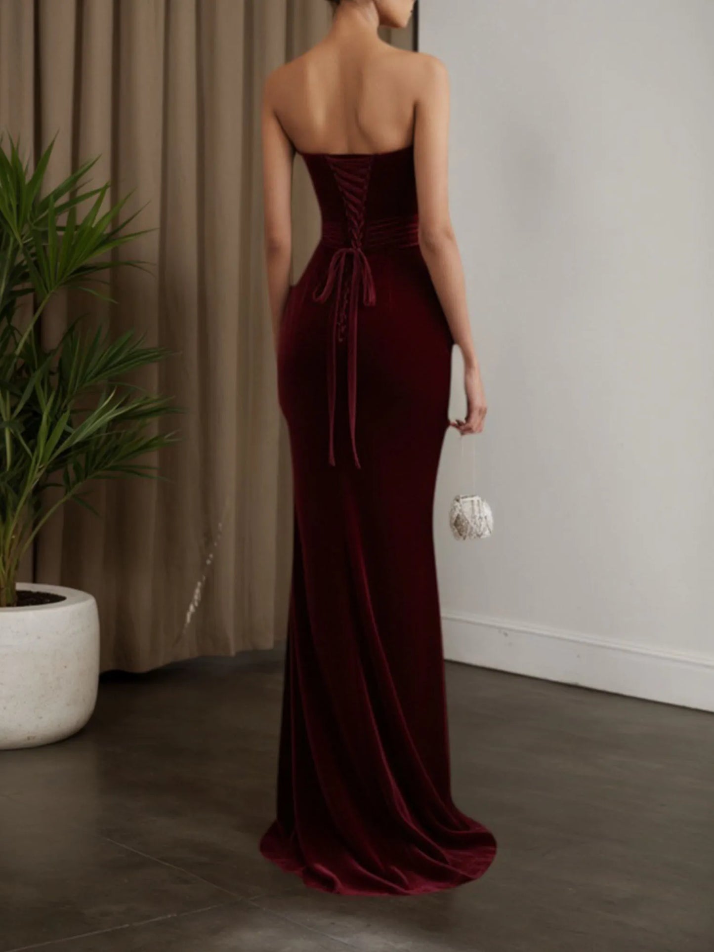 Wine Red 3D Floral Velvet Strapless Sleeveless Sheath Maxi Dress