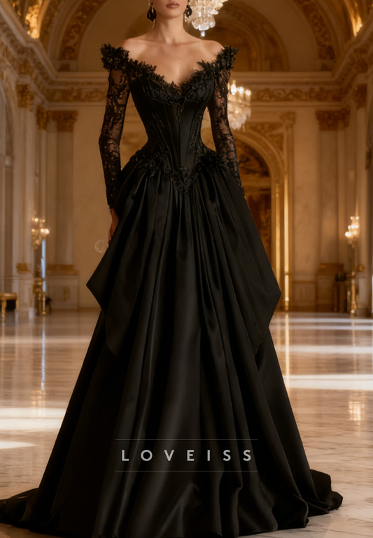 V-Neck Long Sleeves Appliques A-Line Black Evening Dress