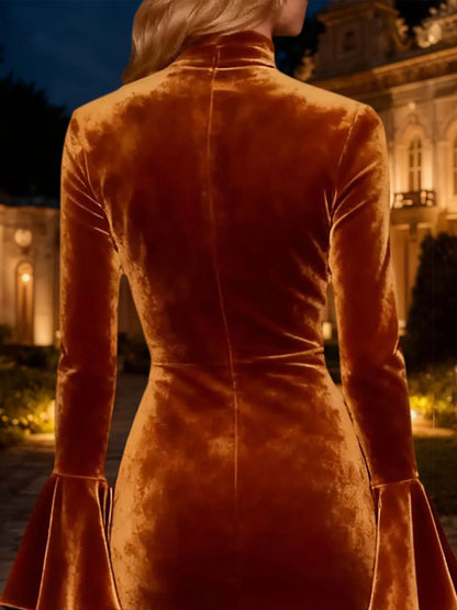 Brown Mermaid Long Ruffled Velvet Holiday Party Dress with Slit