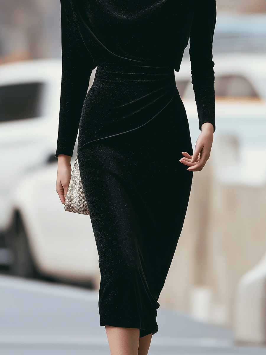 Black Off-Shoulder Velvet Dress With Draped Detail