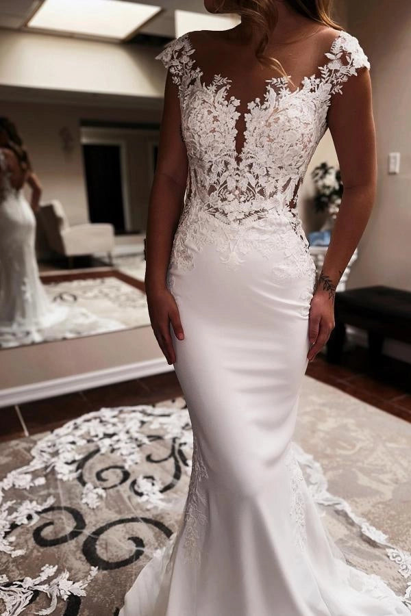 Elegant Mermaid V Neck Lace Wedding Dresses