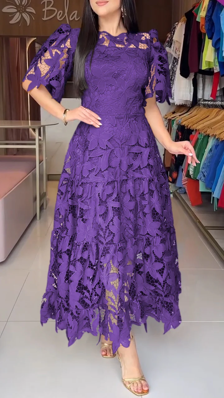 Women's short-sleeved lace hollow dress