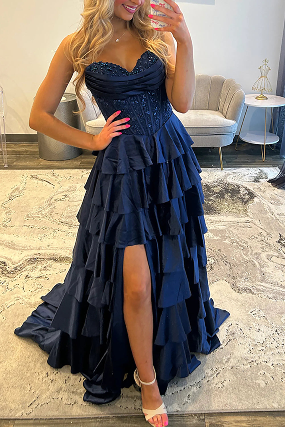 A-Line Strapless Navy Blue Ruffle Tiered Satin Long Prom Dress with Beads