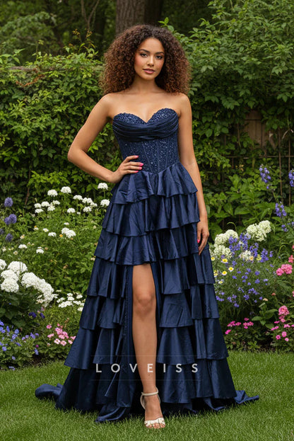 A-Line Strapless Navy Blue Ruffle Tiered Satin Long Prom Dress with Beads